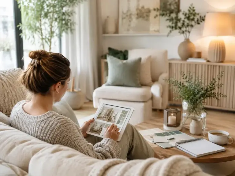 Vrouw bekijkt interieurideeën op een tablet in een sfeervolle woonkamer met kleurstalen, notitieboek en woonaccessoires.