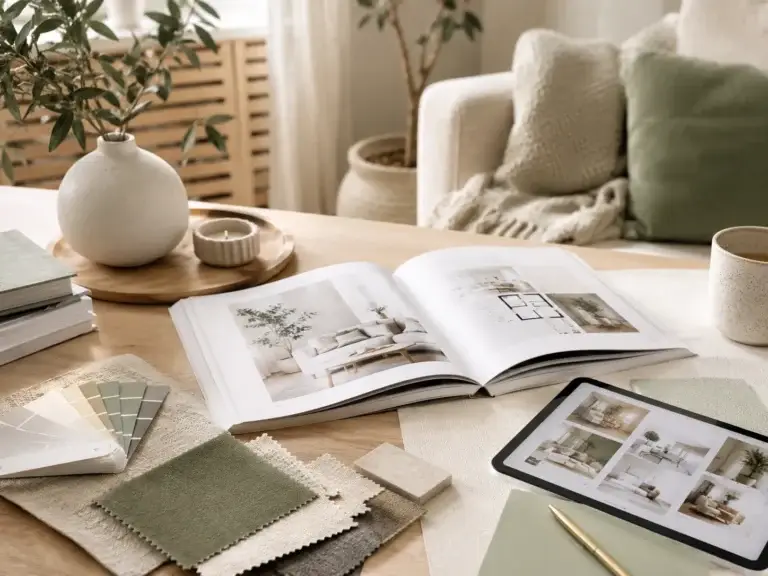 Werktafel met interieurboek, tablet, kleurkaarten, stofstalen en natuurlijke woondecoratie in neutrale tinten.