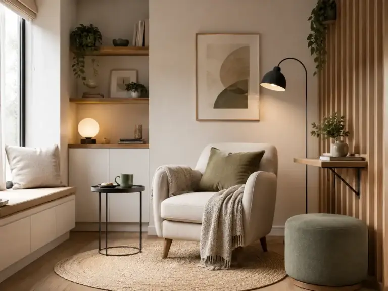 Gezellige leeshoek met comfortabele fauteuil, ingebouwde kast, houten wand en zachte verlichting.