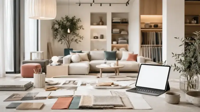 Moderne interieurstudio met materiaalstalen, kleurenpaletten en een stijlvolle woonkamer voor creatieve samenwerking binnen de woonbranche
