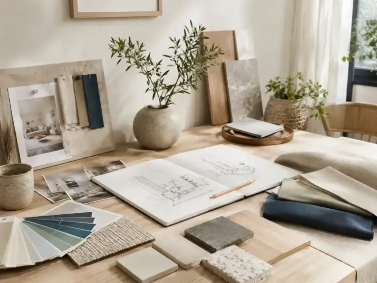 Werktafel voor interieurontwerp met schetsboek, kleurstalen, stoffen, hout en natuurlijke materialen.