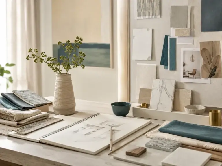 Werktafel voor interieurontwerp met stofstalen, kleurpaletten, schetsboek en natuurlijke materialen.