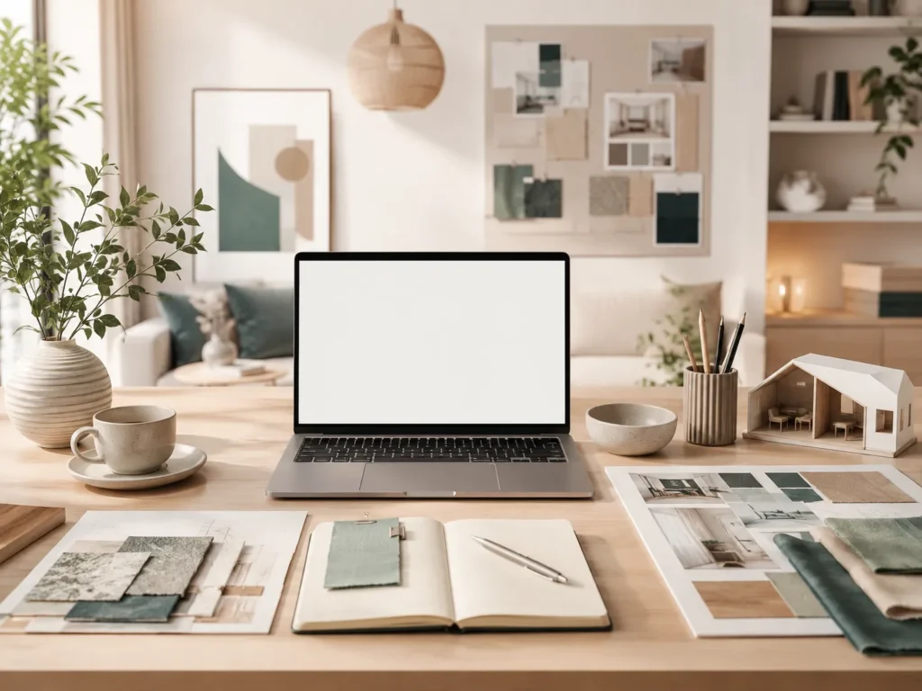 Interieurportfolio met woonfoto’s, materiaalstalen, stoffen, meetlint en smartphone op een lichte werktafel.