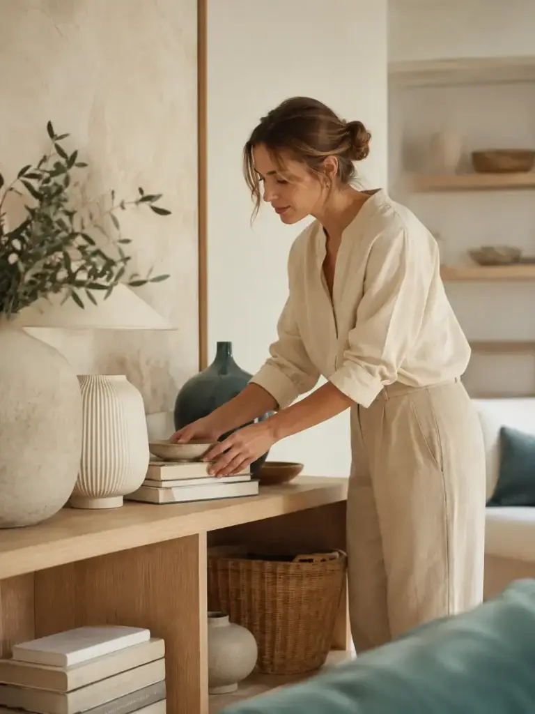 Interieurstyliste die boeken, keramiek en woondecoratie zorgvuldig op een houten kast arrangeert.
