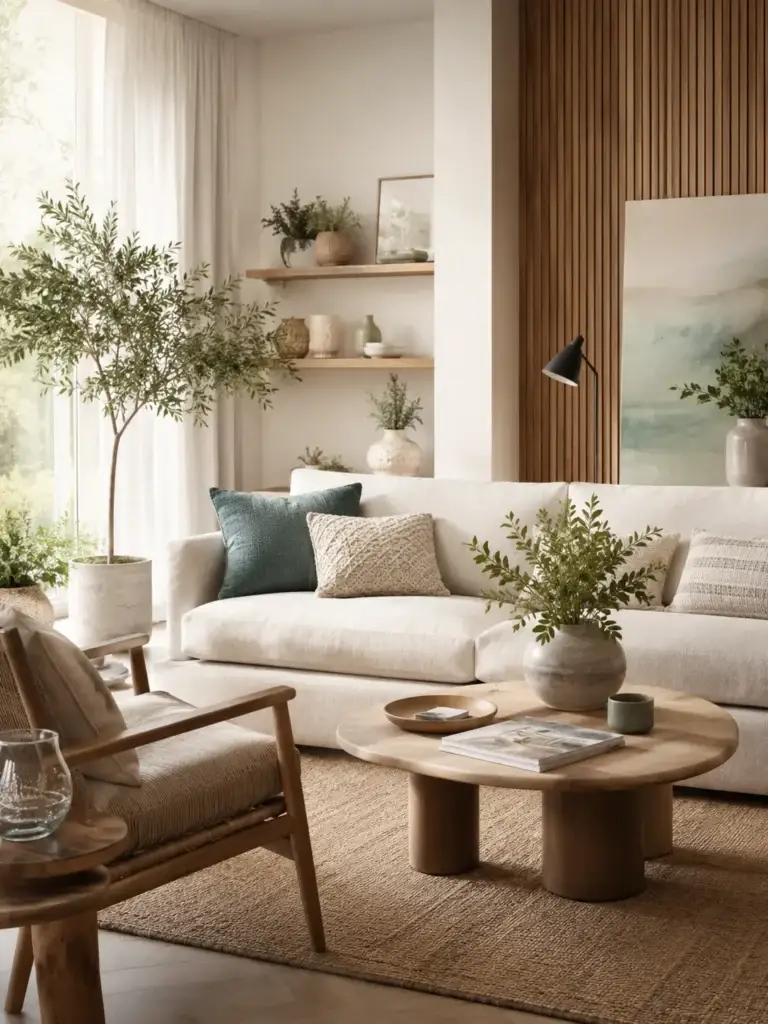 Lichte woonkamer met neutrale meubels, houten details, planten en blauwgroene woonaccessoires.