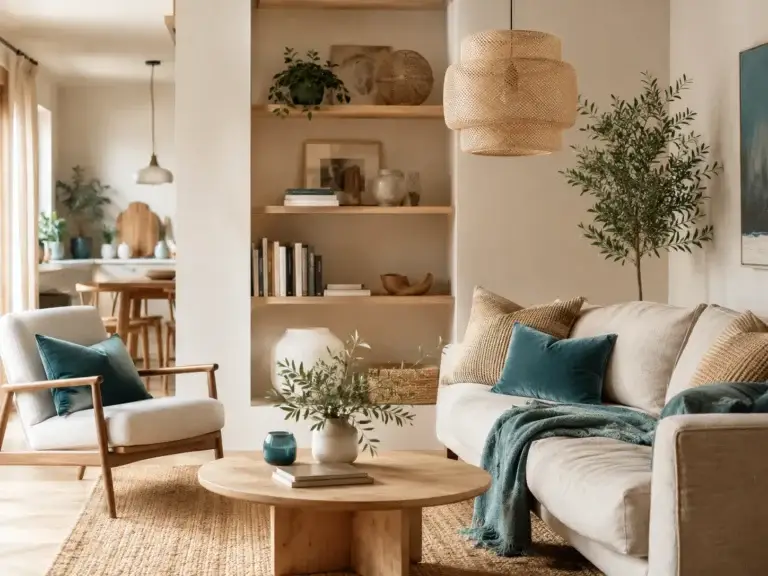 Sfeervolle woonkamer met natuurlijke materialen, houten meubels, zachte stoffen en blauwgroene accenten.