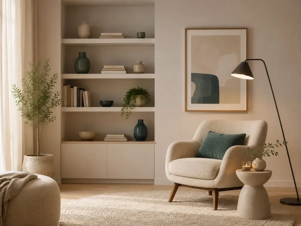 Comfortabele leeshoek met fauteuil, ingebouwde boekenkast, vloerlamp en natuurlijke woondecoratie.