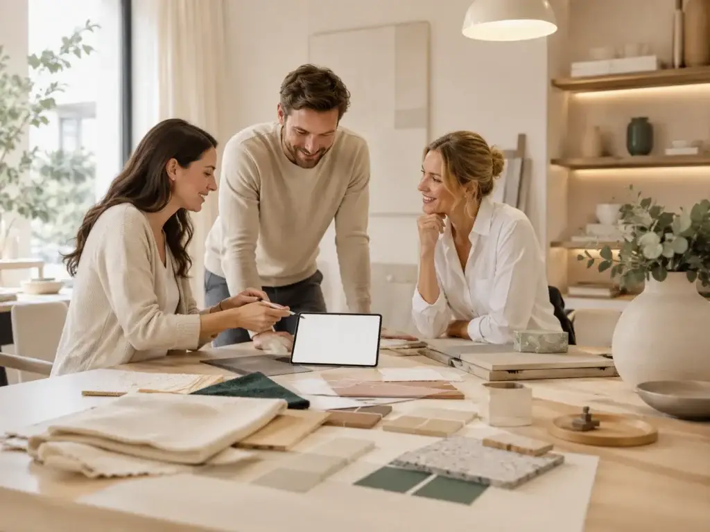 Drie woonprofessionals bespreken interieurideeën en materiaalstalen tijdens een creatieve samenwerking.