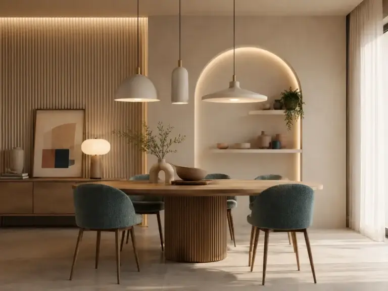 Moderne eetkamer met houten eettafel, blauwgroene stoelen en verschillende hanglampen.